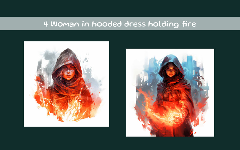 Woman in hooded dress holding fire