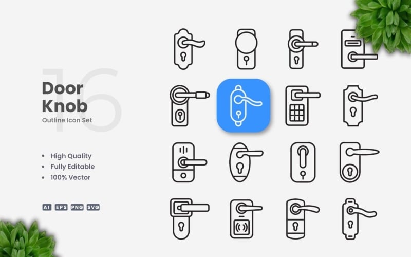 16 Door Knob Outline Icon Set