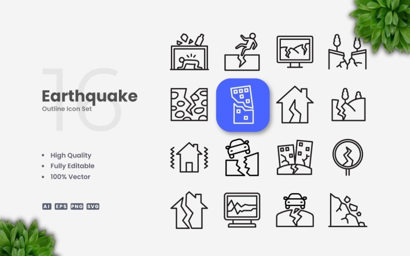 16 Earthquake Outline Icon Set