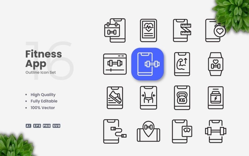 Conjunto de 16 iconos de contorno de aplicaciones de fitness