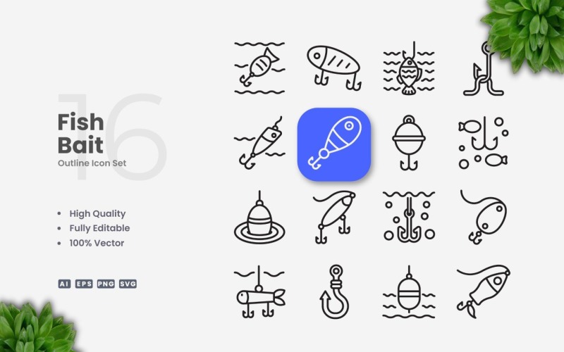 16 Fish Bait Outline Icon Set