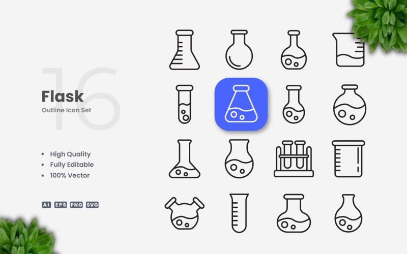 16 Flask Outline Icon Set