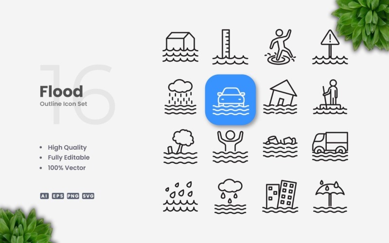 16 Flood Outline Icon Set