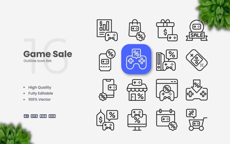 16 Game Sale Outline Icon Set