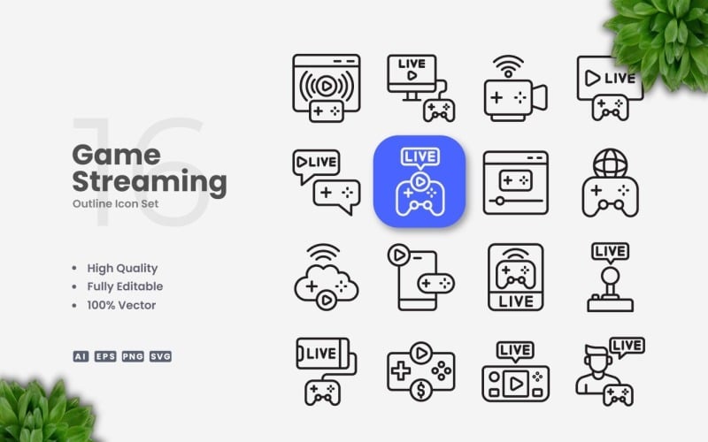 16 Game Streaming Outline Icon Set