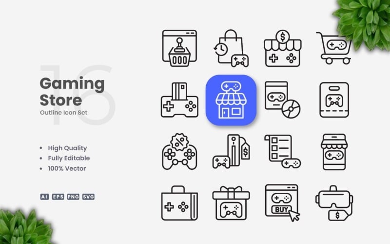 16 Gaming Store Outline Icon Set