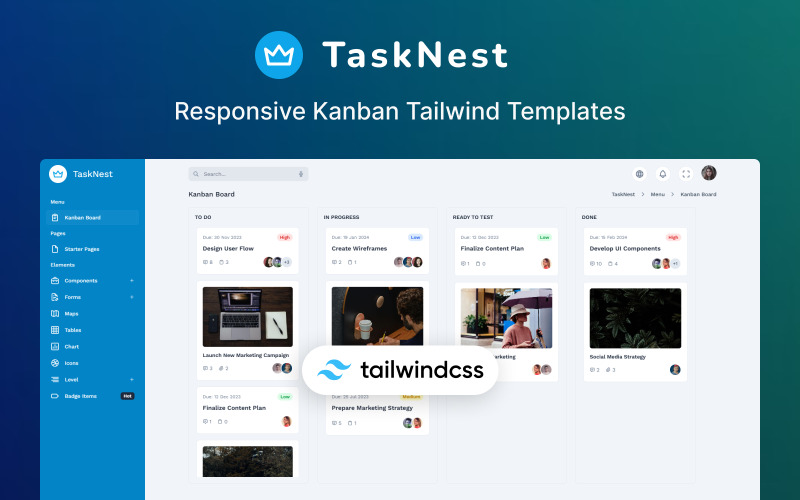 TaskNest - Modello Tailwind Kanban reattivo