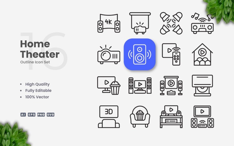 16 Home Theater Outline Icon Set