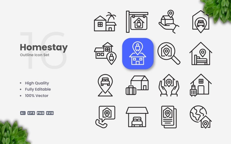 16 Homestay Outline Icon Set