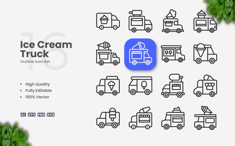 16 Ice Cream Truck Outline Icon Set