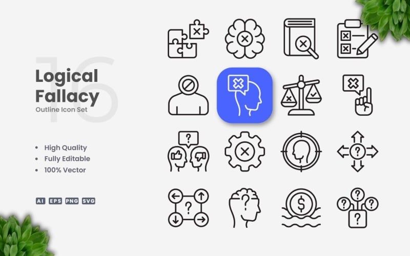 Conjunto de 16 ícones de contorno de falácia lógica