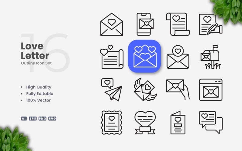 Ensemble de 16 icônes de contour de lettre d'amour