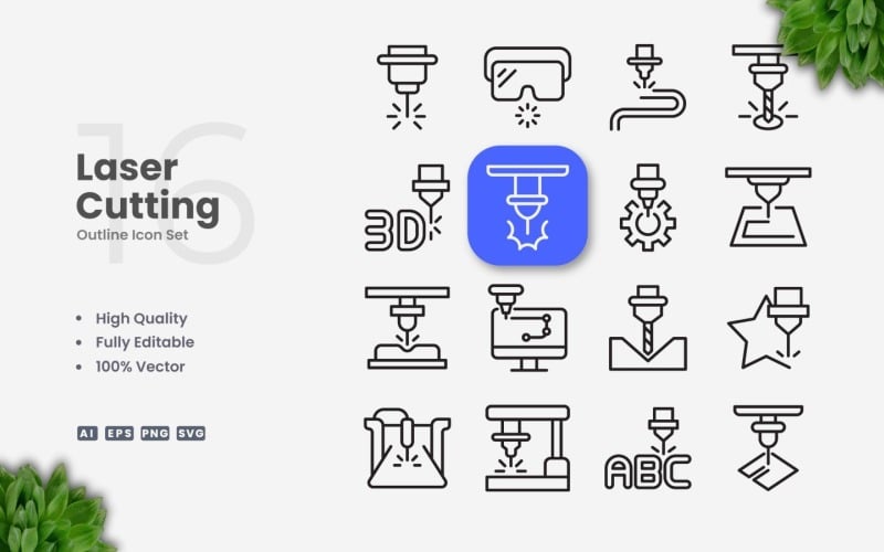 16 Laser Cutting Outline Icon Set