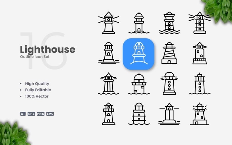 16 Lighthouse Outline Icon Set