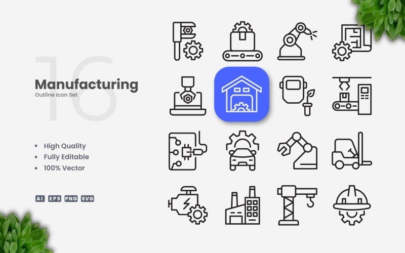 16 Manufacturing Outline Icon Set