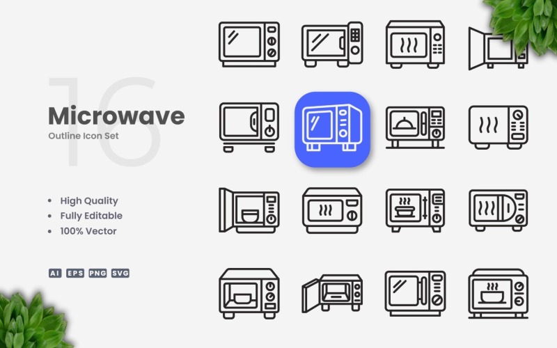 16 Microwave Outline Icon Set