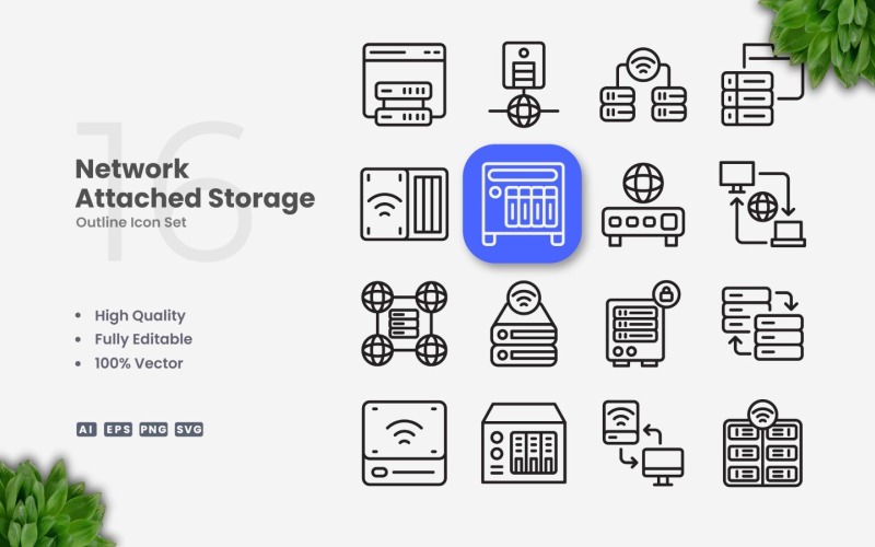 16 Conjunto de ícones de contorno de armazenamento conectado à rede