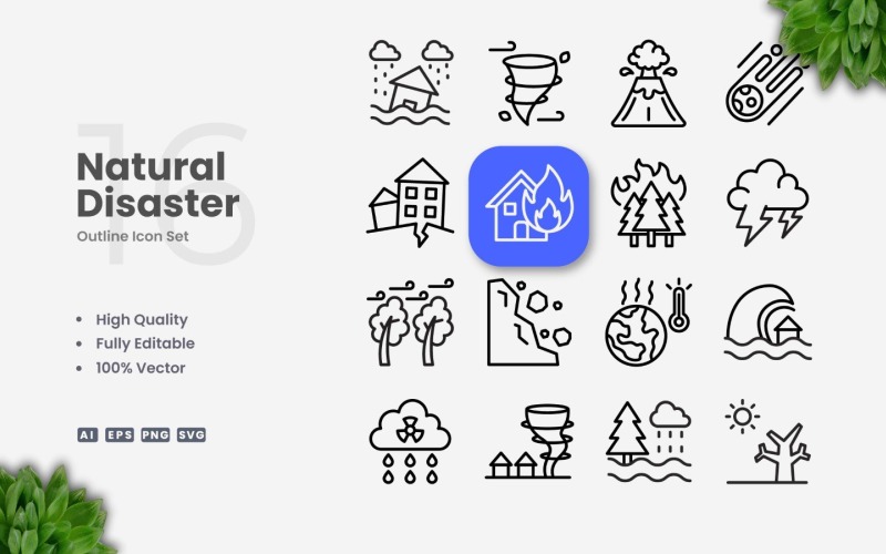 16 Natural Disaster Outline Icon Set