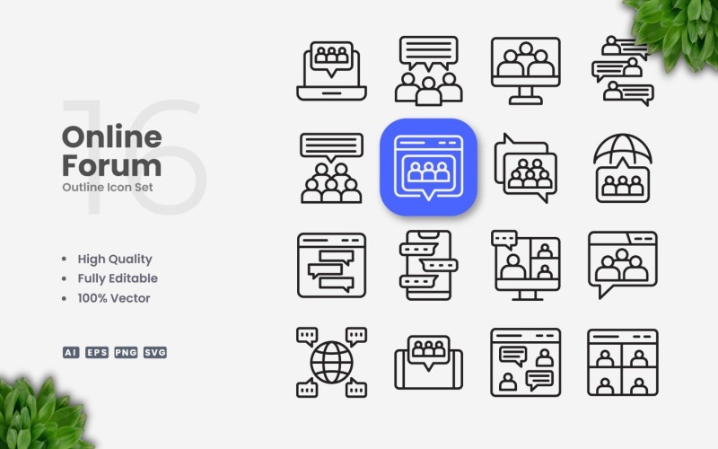 Conjunto de 16 iconos de esquema de foro en línea