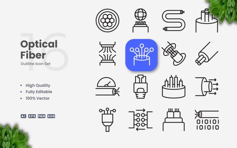 16 Optical Fiber Outline Icon Set