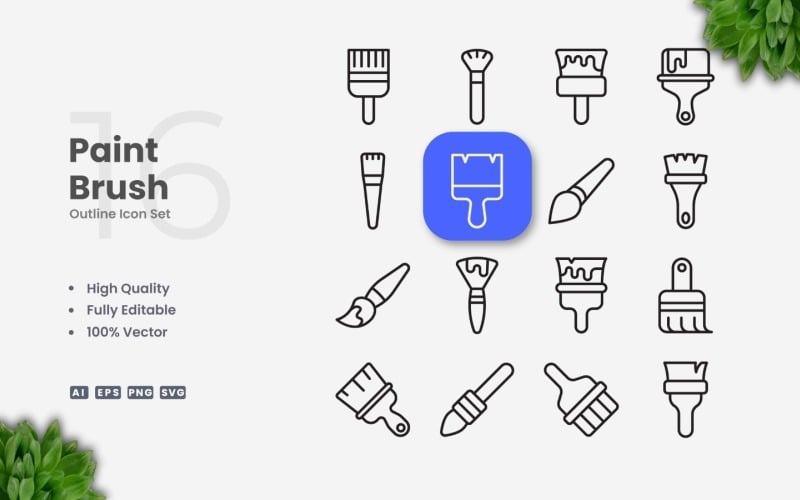 16 Paint Brush Outline Icon Set