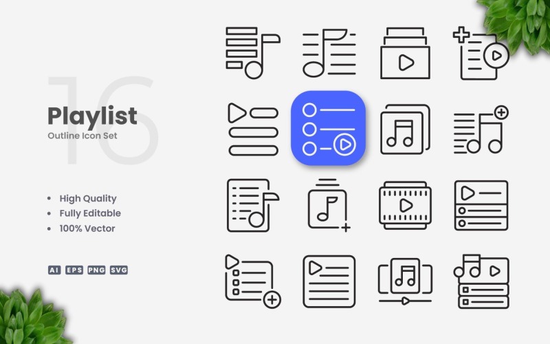 16 Playlist Outline Icon Set