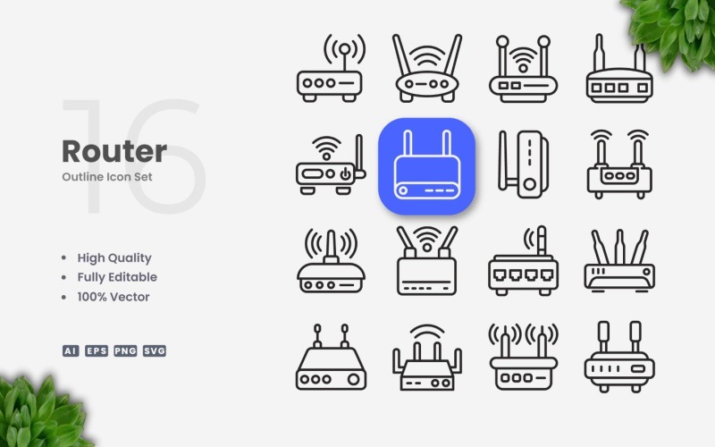 Conjunto de 16 iconos de contorno de enrutador