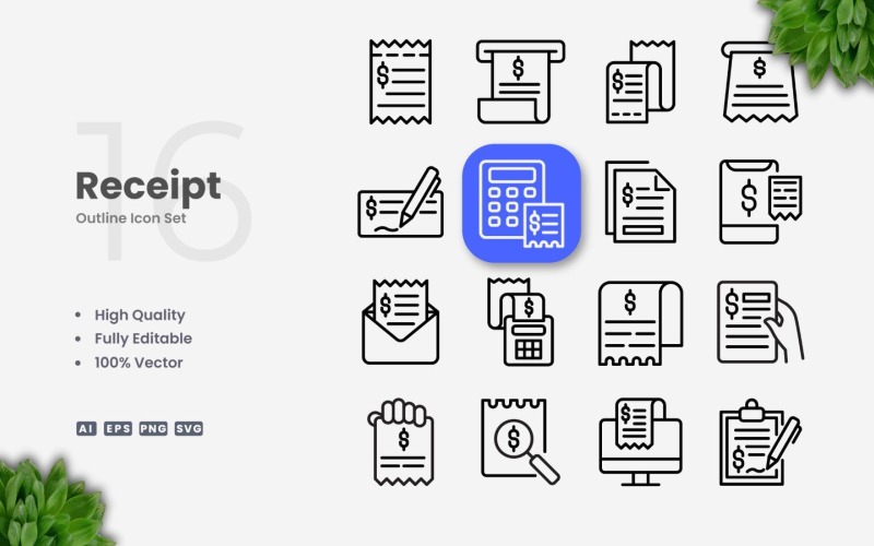 16 Receipt Outline Icon Set