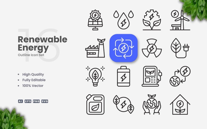 16 Renewable Energy Outline Icon Set