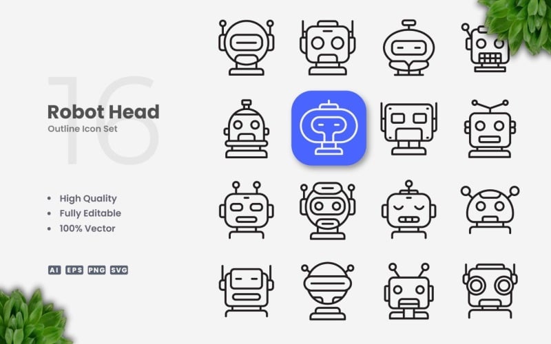 16 Robot Head Outline Icon Set