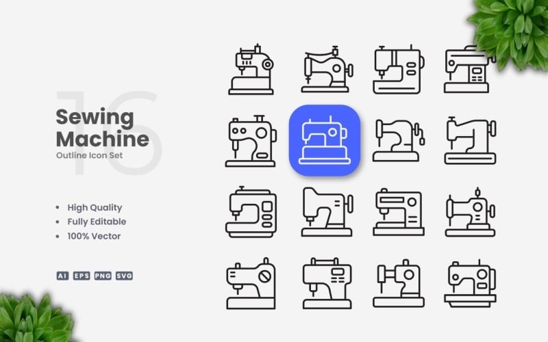 16 Sewing Machine Outline Icon Set