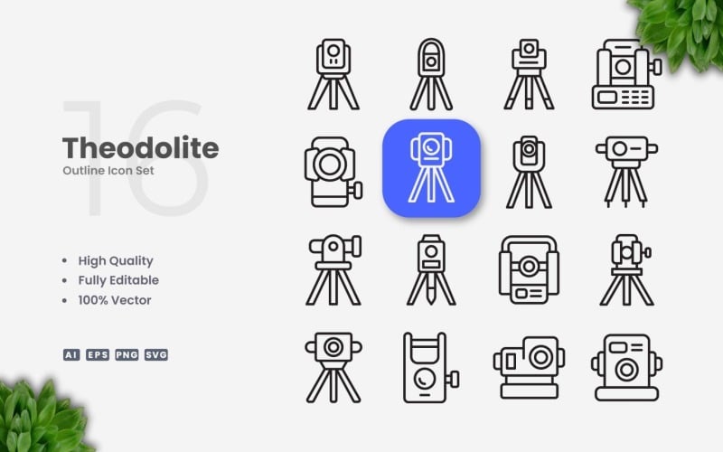 16 Theodolite Outline Icon Set