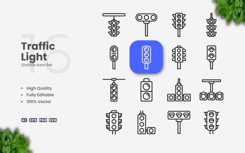 Ensemble d'icônes de contour de 16 feux de circulation