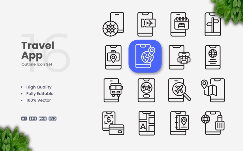 Conjunto de 16 ícones de contorno de aplicativo de viagem