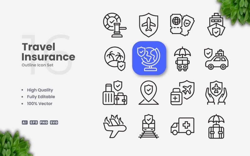 16 Travel Insurance Outline Icon Set