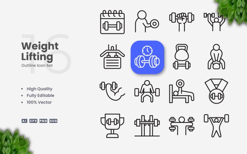Ensemble d'icônes de contour de 16 poids et haltères