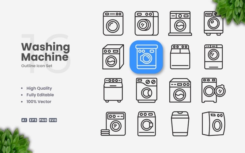 16 Washing Machine Outline Icon Set