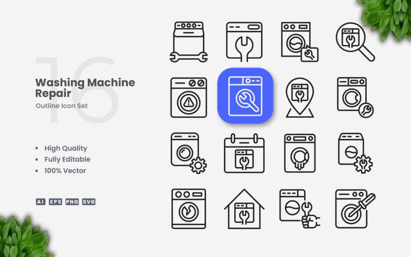 16 Washing Machine Repair Outline Icon Set