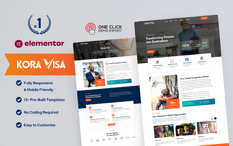 Kora Visa – Modèle WordPress Elementor pour visas et immigration