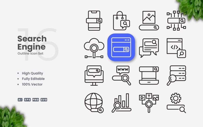 Conjunto de 16 iconos de esquema de motor de búsqueda