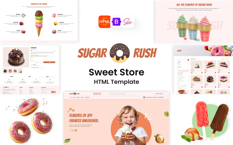 HTML-шаблон Sugar Rush для магазина кондитерских изделий, выпечки и тортов