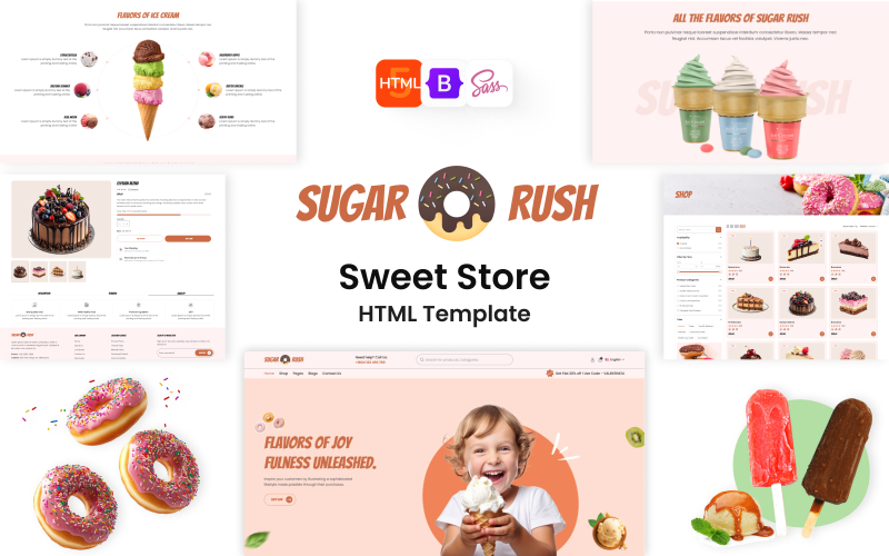 Sugar Rush-Bakkerij, Cake & Gebak Snoepwinkel HTML-sjabloon