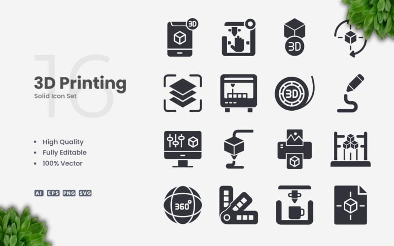 16 3D Printing Solid Icon Set