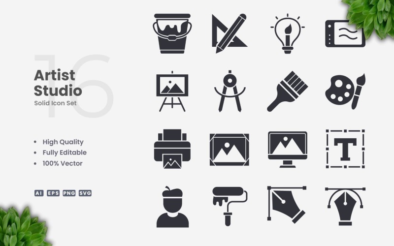 16 Artist Studio Solid Icon Set