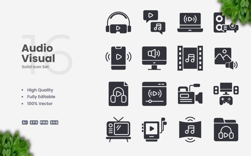 16 Audio Visual Solid Icon Set