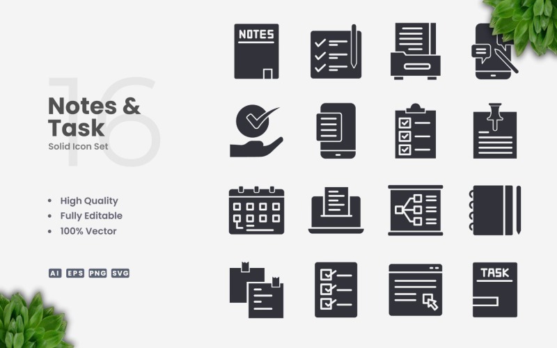 Ensemble d'icônes solides de 16 notes et tâches