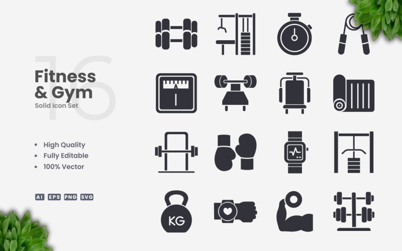 16 Fitness and Gym Solid Icon Set