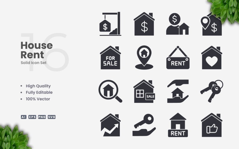 16 House Rent Solid Icon Set