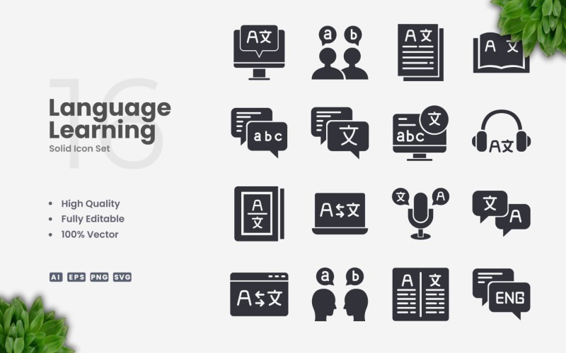 16 Language Learning Solid Icon Set