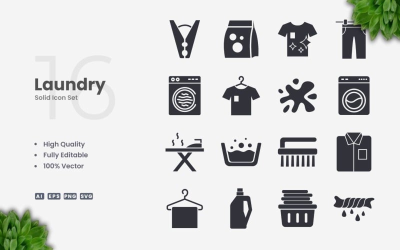 16 Laundry Solid Icon Set